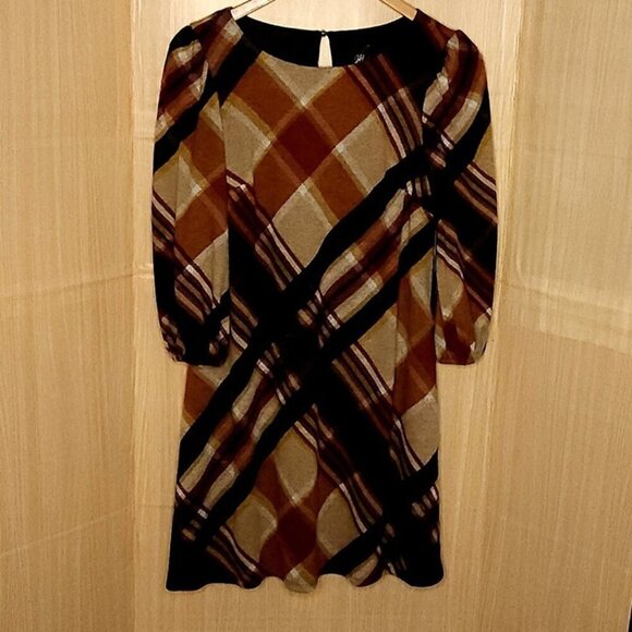 JH Womens New Brown Tan Plaid Soft Stretchy Ruffle Shoulder Dress - Picture 1 of 10
